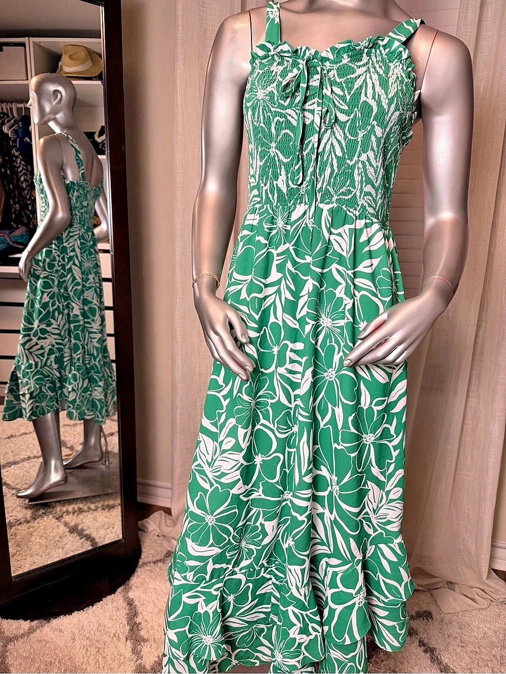 Grace Karin Floral Smocked Maxi Dress Medium Green White Square Neck Sundress